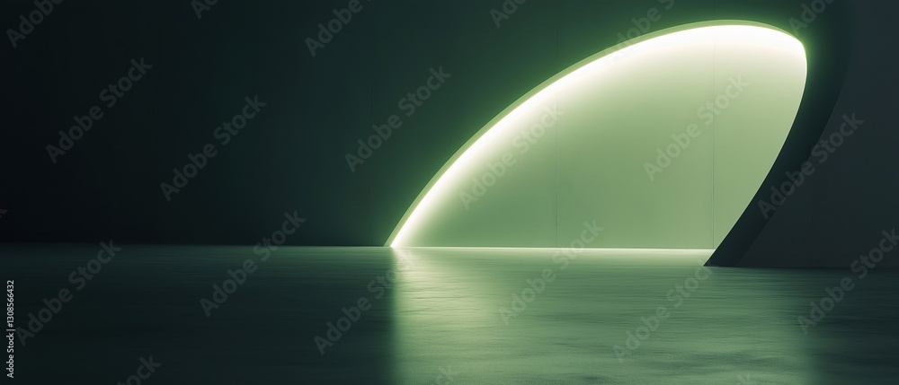 Poster empty room with a large, curved archway in the center. the archway is lit up with a bright green lig