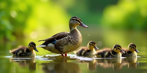 Proud mother duck leads her ducklings through reeds, waterfowl, protection, water birds