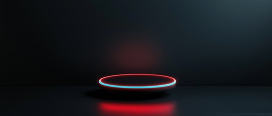 Obraz premium 3d rendering of a circular object with a red and blue light emanating from it. the object is placed on a black surface, and the background is also black.