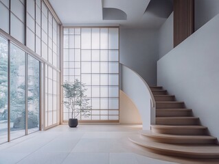 Obraz premium Minimalist modern interior design with wooden staircase, shoji screen, and potted plant.