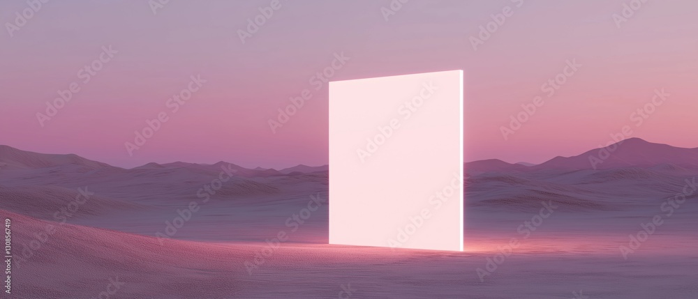Poster 3d rendering of a desert landscape with mountains in the background. the sky is a gradient of pink a