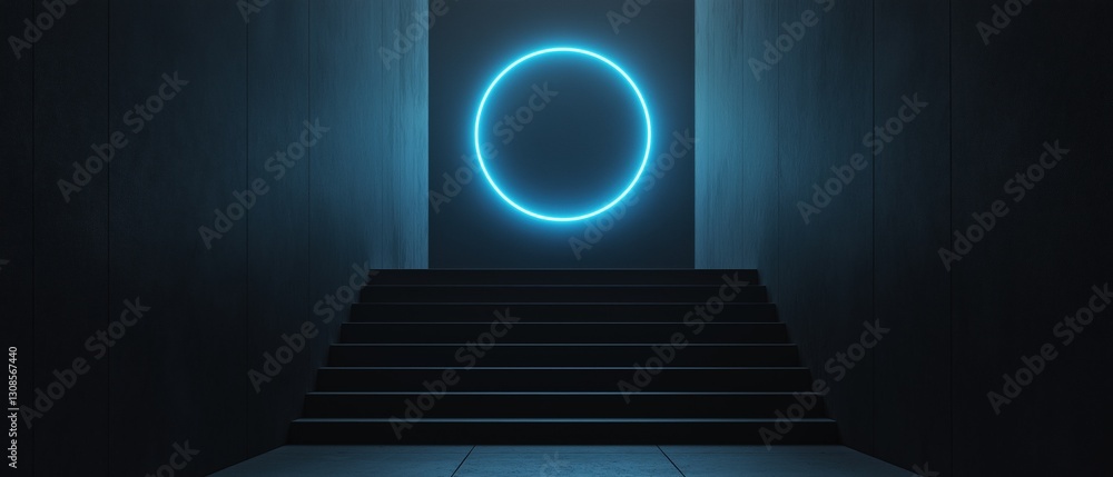 Poster dark room with a set of stairs leading up to the top of the image. the walls on either side of the s