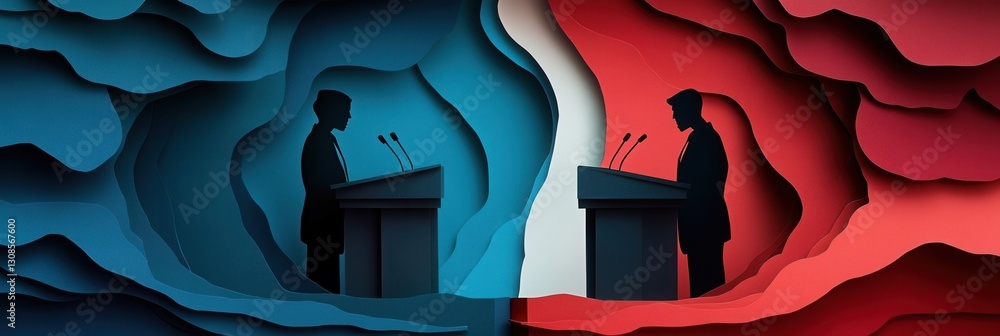 Poster Engaging political debate between two figures at podiums with dynamic colors and paper art background creating an impactful atmosphere Generative AI