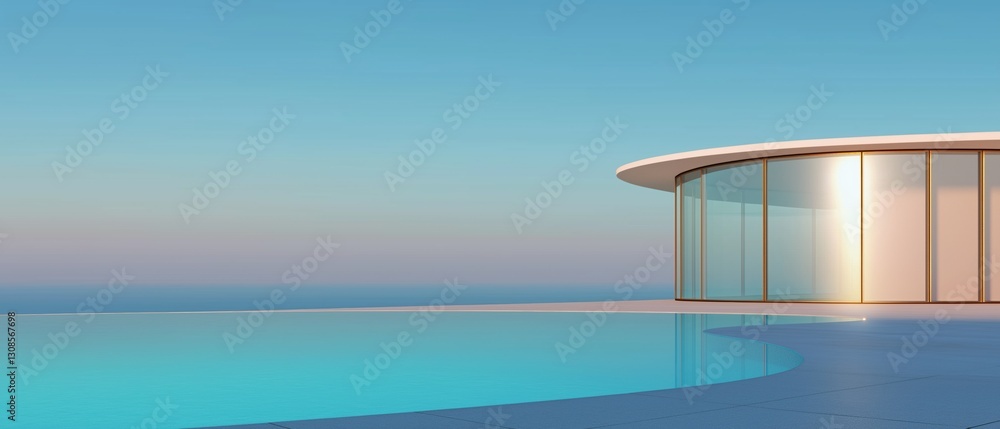 Poster modern building with a curved glass facade on the right side. the building is located on the edge of