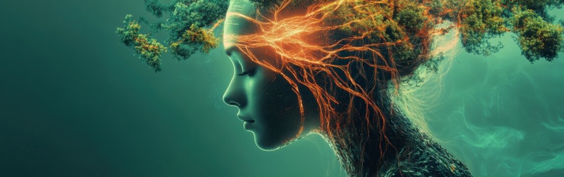 Surreal representation of a glowing woman surrounded by vibrant nature elements at twilight - Powered by Adobe