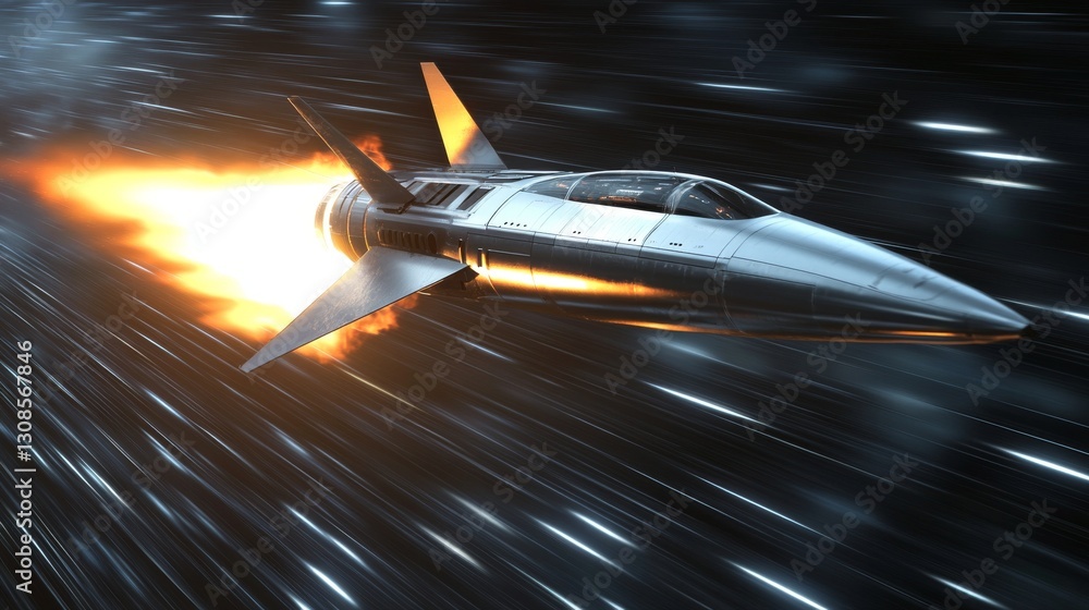 Poster a futuristic silver spaceship accelerates with bright fiery propulsion against a dynamic starry back