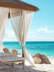 Obraz premium Seaside Serenity: A luxurious cabana with flowing curtains offers a tranquil escape on a sun-drenched beach, inviting relaxation against a backdrop of crystal-clear turquoise waters. 