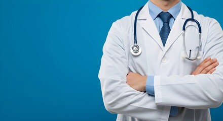 Doctor Man With Stethoscope In Hospital separated on a blank solid color background. Generative AI.