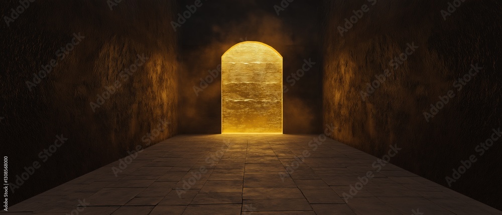 Poster empty room with a long, narrow corridor. the walls on either side of the corridor are made of stone 