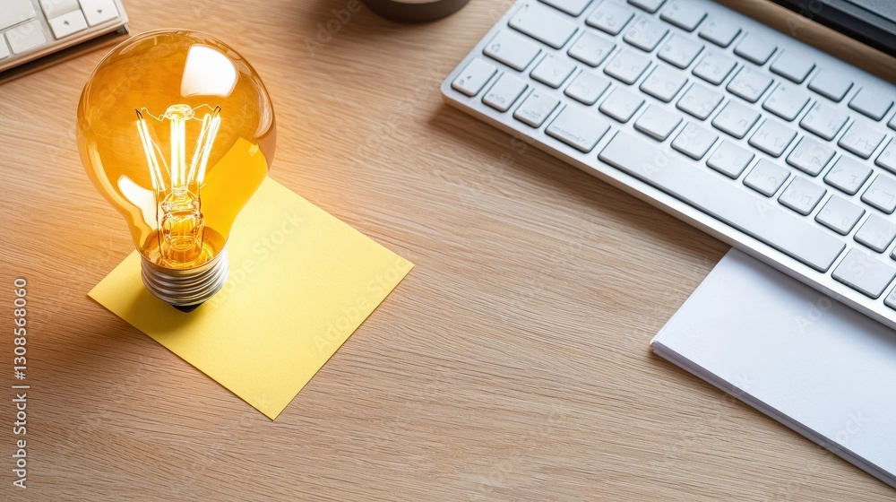 Poster light bulb on a desk with keyboard and sticky note.