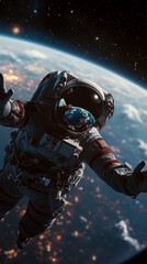 A dramatic shot of an astronaut suspended in space with Earth. AI Generation