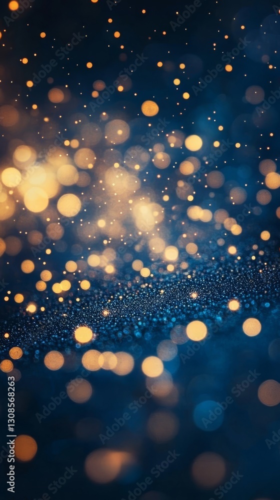 Poster captivating abstract image featuring golden and blue bokeh lights, creating a dreamy and magical amb