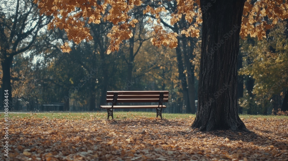 Aufkleber Solitary bench under a tree in a tranquil autumn park with fallen leaves and soft light Generative AI