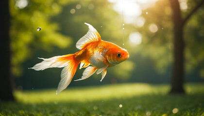A goldfish floating through the air.