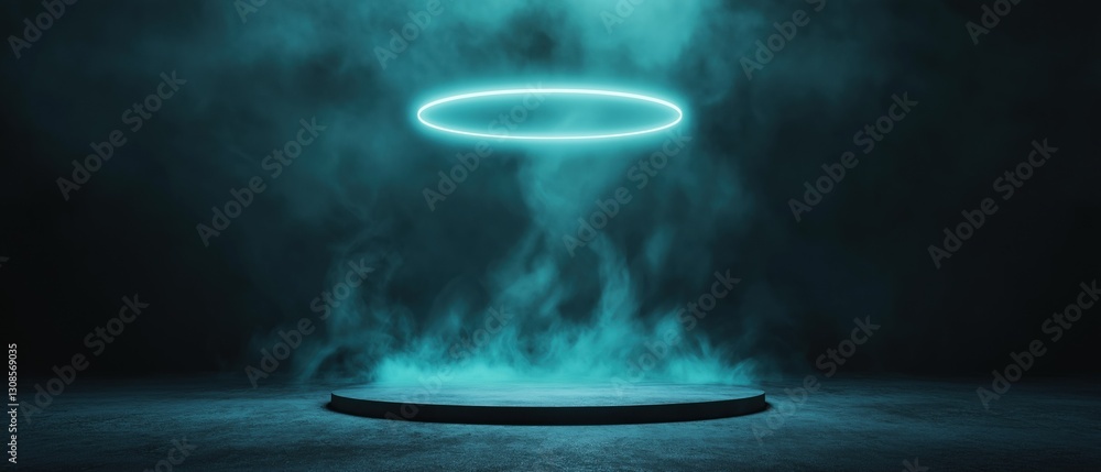Poster circular platform in the middle of a dark room. the platform is made of concrete and is surrounded b