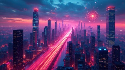 Fototapeta premium Business acceleration background, Neon-infused cityscape with interconnected streams tech hubs and glowing icons in saturated futurism.