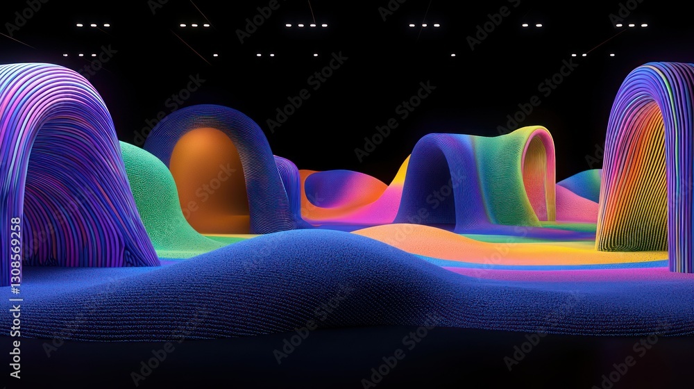 Poster abstract colorful landscape: a vibrant, abstract landscape featuring undulating forms in a spectrum 