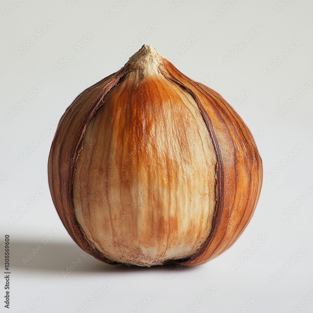 Poster single roasted hazelnut with a shiny brown surface resting on a light background