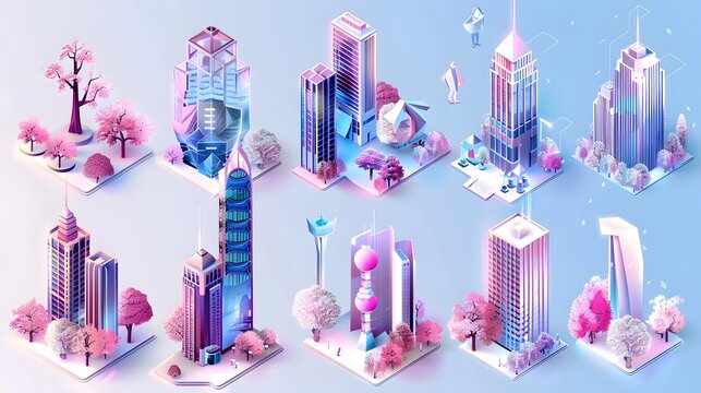 et of modern isometric buildings, diverse 3D skyscrapers, residential and commercial structures, smart city elements, clean and detailed vector illustration