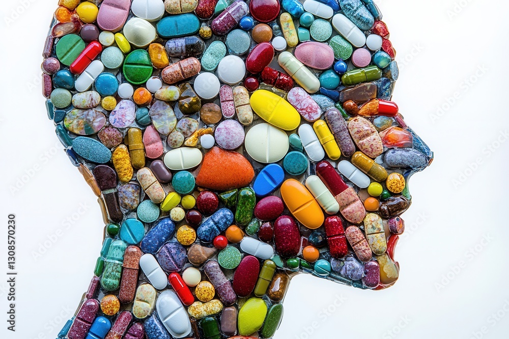 Aufkleber Intricate mosaic of colorful pills forms human silhouette showcasing artistic creativity and detail in design Generative AI