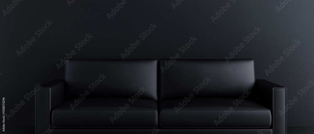 Poster Black leather sofa against a dark grey wall. the sofa is in the center of the image and is facing towards the left side of the frame. it has a modern design with a curved backrest and armrests.
