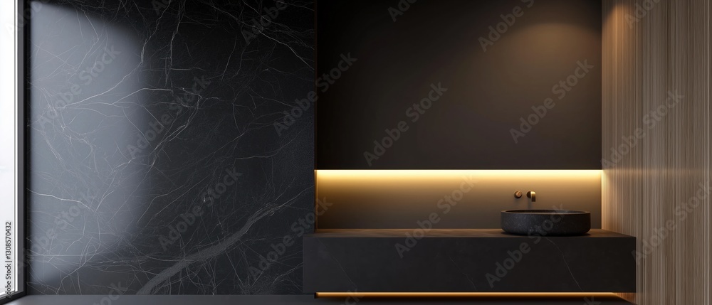 Poster modern bathroom with a minimalist design. the walls are covered in black marble with a textured patt