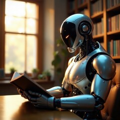 Chrome-enhanced cyborg engrossed in a large volume, sunlit library , study, technology