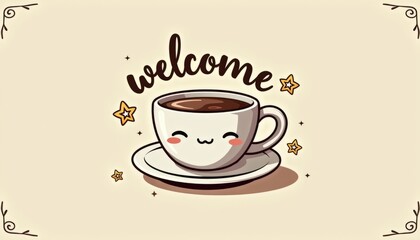 An Adorable Cartoon Coffee Cup Welcomes Everyone with a Sweet Smile