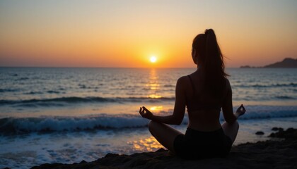 Fototapeta premium Sunset meditation by the beach tranquil ocean lifestyle photography serene environment silhouette view mindfulness concept
