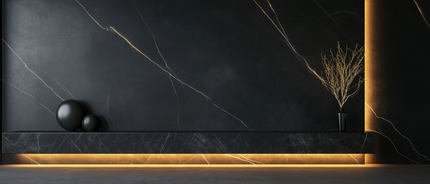 Modern and minimalist interior design with a black wall and a black marble countertop. the wall is painted in a dark grey color with a glossy finish, and the countertop is made of black marble.