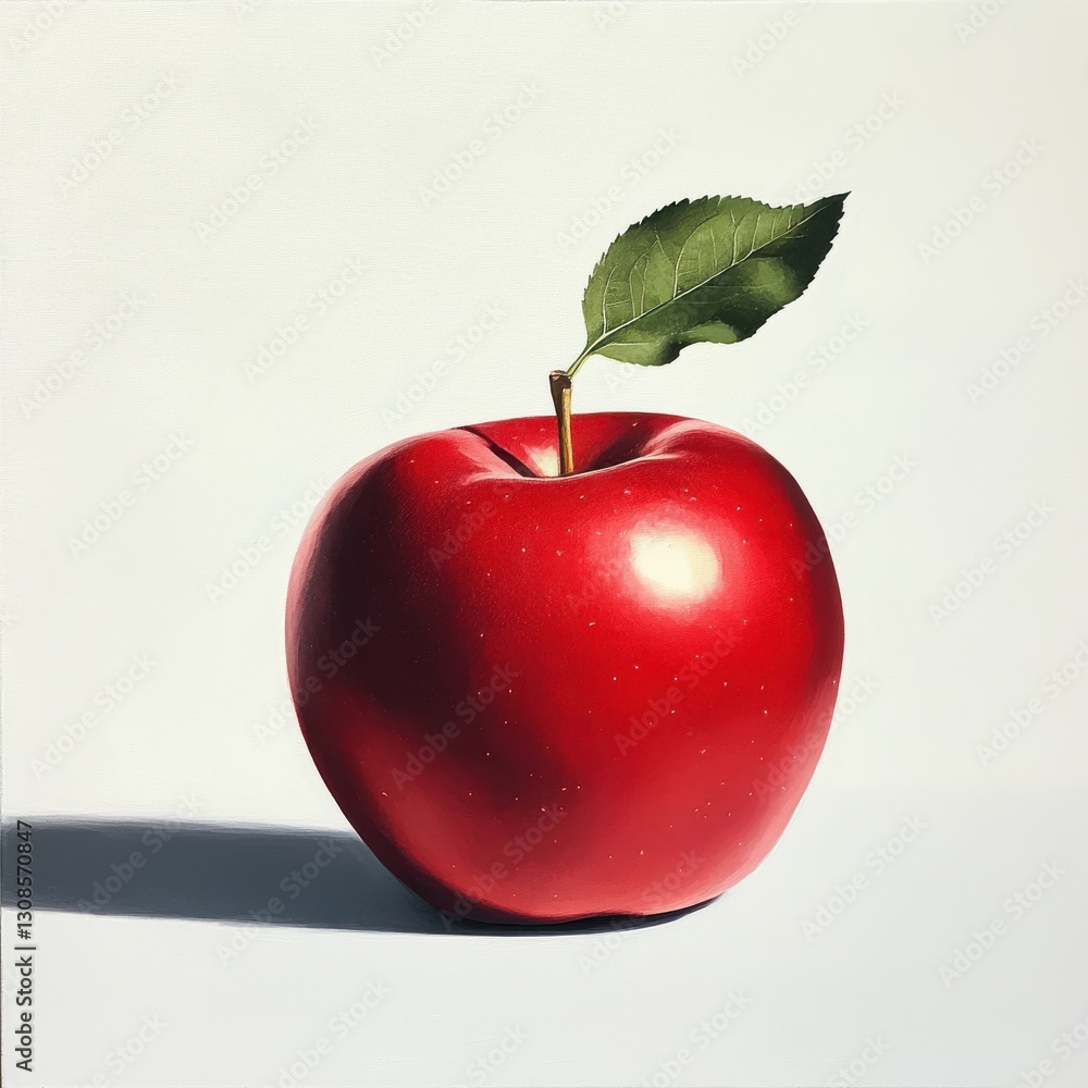 Poster shiny red apple featuring a green leaf sitting on a neutral background with soft lighting