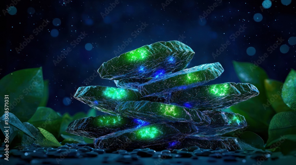 Poster luminous stack: a close-up shot shows a stack of glowing rocks, their surfaces emitting an ethereal 