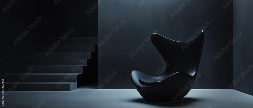 Poster black chair in a dark room with a staircase on the left side. the chair is in the center of the imag