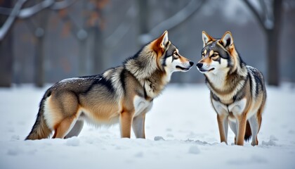 Naklejka premium Two majestic wolves standing together in a snowy landscape