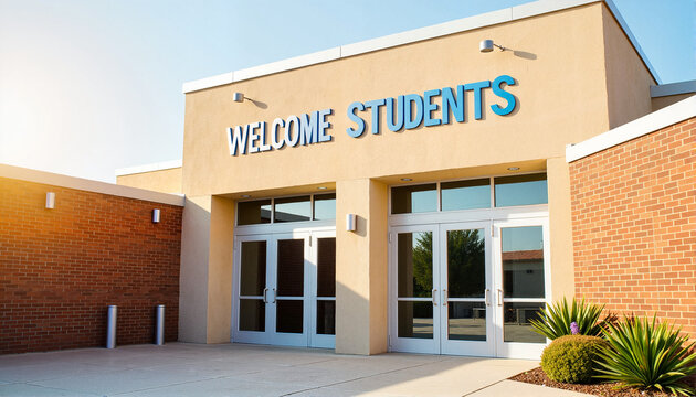 School entrance with "Welcome Students" sign for educational blogs, school websites, promotional materials, campus guides, and community outreach programs