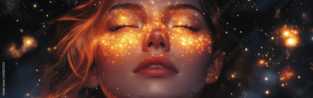 Aufkleber portrait of a woman with a serene expression and a celestial pattern illuminating her features in a 