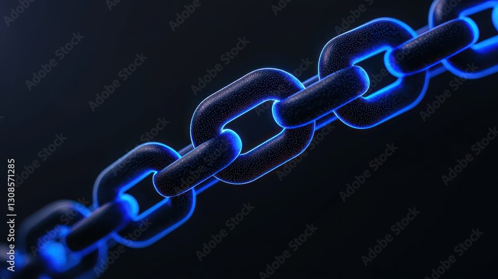 Poster blockchain connectivity: an eye-level close-up presents an illuminated, futuristic blockchain in cap