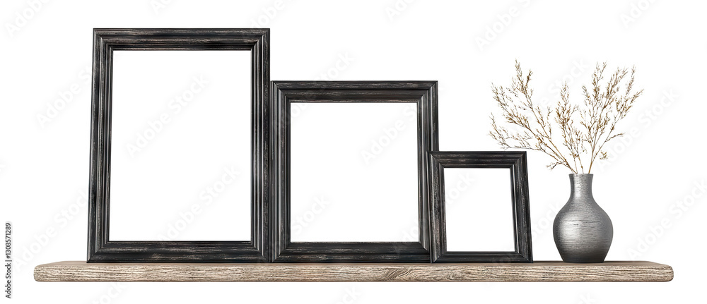 Aufkleber minimalistic shelf with three empty frames and plants in vase, isolated on transparent cutout backgr