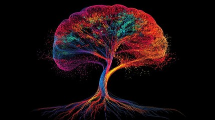 A glowing abstract tree with radiant multicolored branches and roots on a dark background. This striking illustration combines vivid colors and surreal design for a dynamic visual effect.. AI