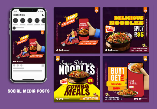 Food Social Media Editable Post Set with Discount Offers on Combo Meals, Fast Delivery, Order Food Online, Fast Food Offers with Noodles Images. 