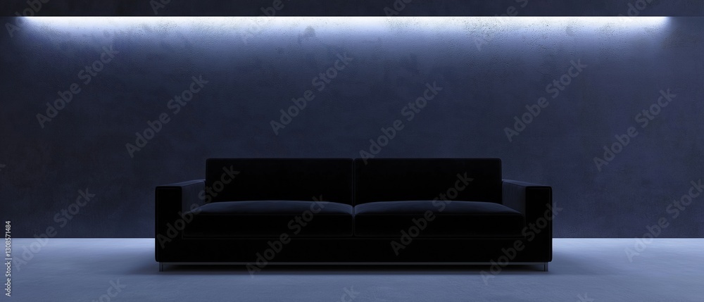 Aufkleber black sofa in a dark room with a concrete wall in the background. the sofa is in the center of the i