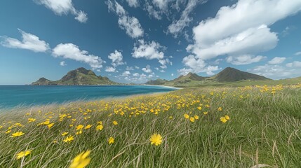 Vibrant Yellow Wildflowers Bloom in Coastal Field near Ocean