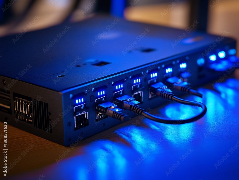 Poster close-up of a network switch with glowing blue lights and ethernet cables connected.