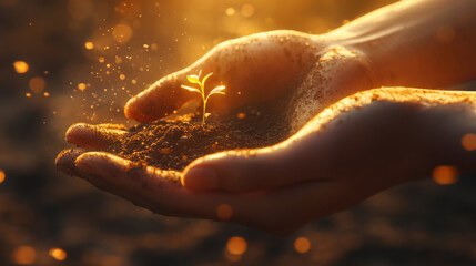 Fototapeta premium Strong, calloused hands cupping a handful of rich, fertile soil with a single sprouting seedling