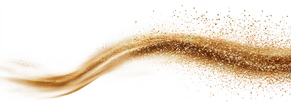 Golden glitter dust wave flowing in motion, isolated on transparent cutout background