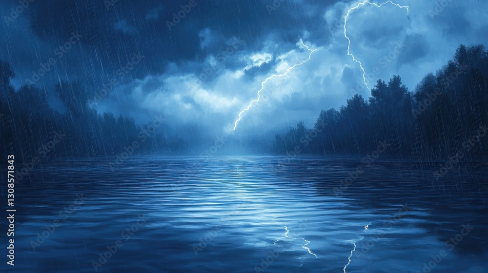 Aufkleber serene lake under dramatic thunderstorm clouds with vivid lightning illuminating the scene at dusk