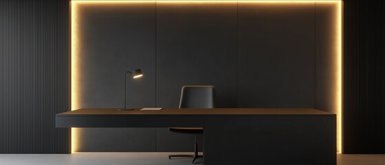 Modern office space with a black desk and a black chair. the desk is in the center of the room and has a sleek and minimalist design.