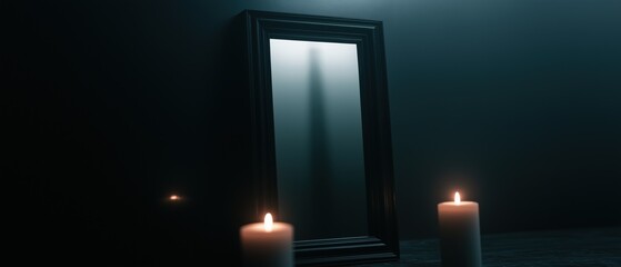 Dark room with a large mirror in the center. the mirror is black and is placed on a wooden surface. the light from the mirror casts a long shadow on the wall behind it.