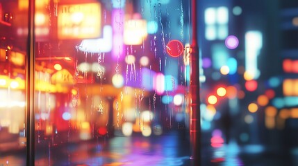 Fototapeta premium Rainy night city scene viewed through wet glass; blurred colorful lights, bokeh effect.