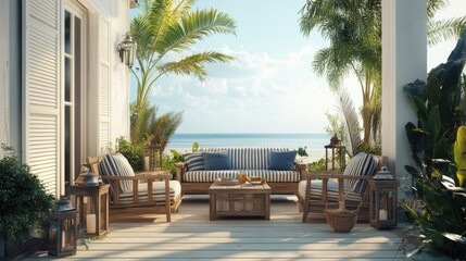 Fototapeta premium Seaside patio with wooden furniture offering relaxation and ocean views in a tropical setting